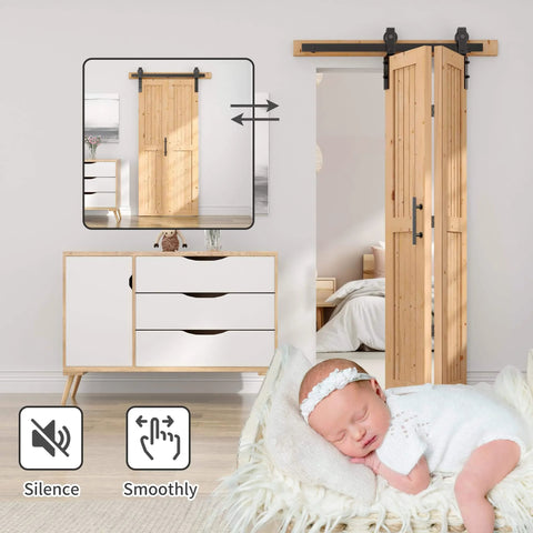 Bi-Fold Barn Door Set 48 By 84 Inches With 52 Inch Bifold Hardware Kit For Two Doors No Assembly No Fuss Setup Solid Spruce Wood Folding Doors And Double Sided Handle Pulls Included installed in a bedroom, wood texture visible.