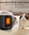 Compact 500W Space Heater For Home Office And Dorm showcasing tip over protection feature with a cat nearby on carpet