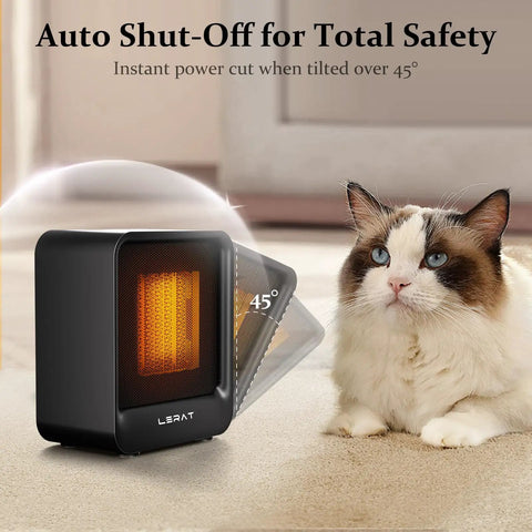 Compact 500W Space Heater For Home Office And Dorm showcasing tip over protection feature with a cat nearby on carpet