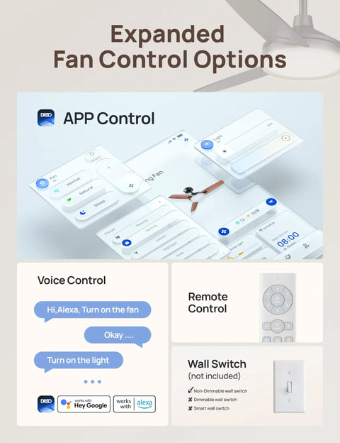 Smart Ceiling Fan With Lights, 42 Inch Black, app control, Alexa Google voice commands, remote and wall switch options