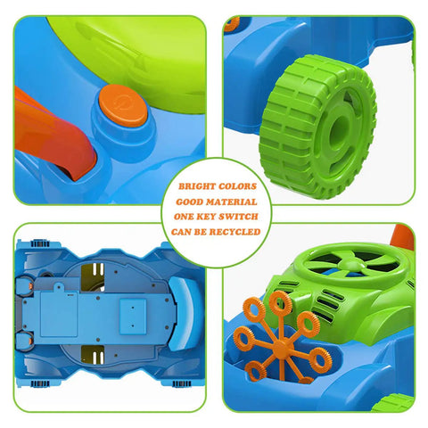 Close-up of Bubble Lawn Mower Toy With Realistic Sounds And Bubble Maker For Toddlers featuring wheels and bubble-blowing mechanism.