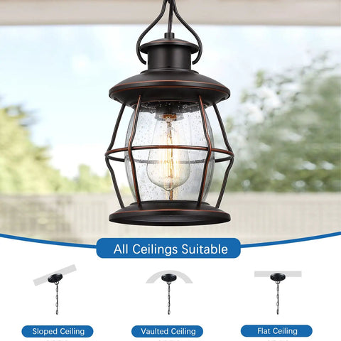 Outdoor Pendant Light For Porch And Patio, Farmhouse Exterior Hanging Fixture With Adjustable Chain in oil rubbed bronze