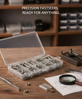 316 Stainless Steel Micro Fastener Kit With Metric Screws And Nuts M1 Through M1.6 For Precision Electronics And Marine Hardware Repair Engineered For Corrosion Resistance And Precise Fits For Durable Electronics And Marine Repairs, open case on workbench