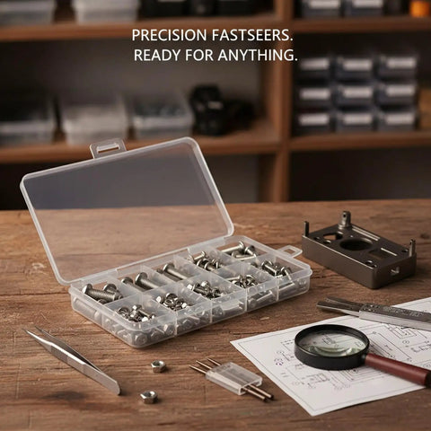 316 Stainless Steel Micro Fastener Kit With Metric Screws And Nuts M1 Through M1.6 For Precision Electronics And Marine Hardware Repair Engineered For Corrosion Resistance And Precise Fits For Durable Electronics And Marine Repairs, open case on workbench