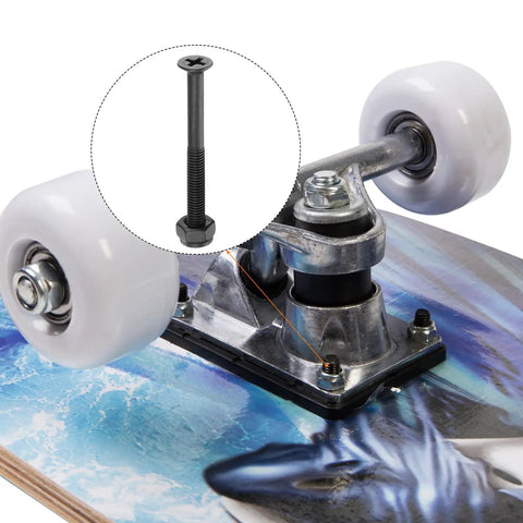 Two Inch Carbon Steel Skateboard Mounting Hardware Set, 8 Screws And 8 Nuts With Flat Heads, 50mm Long, on skate truck