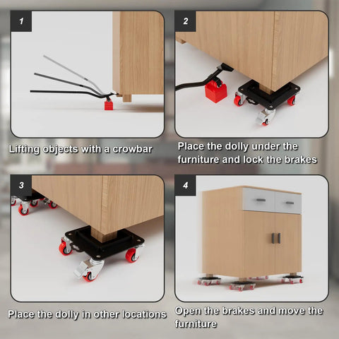 Upgrade Your Room Move Game With This Heavy Duty Furniture Dolly demonstrating four-step usage for moving furniture.