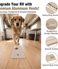Dog walking over Beefy Rugged Aluminum RV Floor Vent Cover Kit 2x10 Magnetic Removable Floor Register Trap RV Heater Vent Replacement