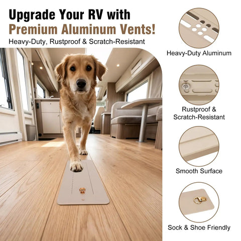 Dog walking over Beefy Rugged Aluminum RV Floor Vent Cover Kit 2x10 Magnetic Removable Floor Register Trap RV Heater Vent Replacement