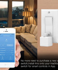 Smart Fingerbot Button Pusher for Rocker Switches with wireless app control, shown near a living room with a phone displaying app interface.