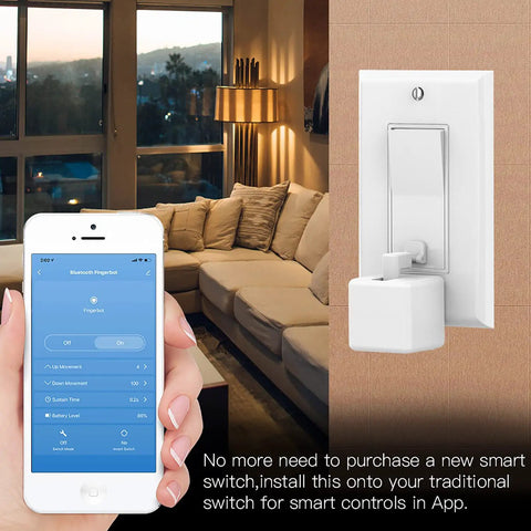 Smart Fingerbot Button Pusher for Rocker Switches with wireless app control, shown near a living room with a phone displaying app interface.