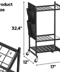 Rolling Garden Tool Organizer With Wheels, dimensions 32.4x12x17 inches, black steel with pockets, suitable for garage or shed.