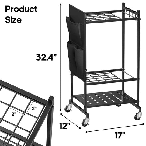 Rolling Garden Tool Organizer With Wheels, dimensions 32.4x12x17 inches, black steel with pockets, suitable for garage or shed.