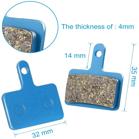 Four Pairs Multi Metal Bike Brake Pads For TRP Tektro Shimano Deore with dimensions: 35mm x 32mm x 4mm blue and metallic detail