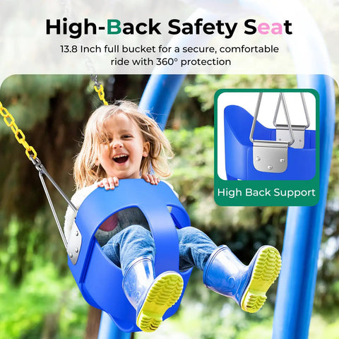 Toddler Swing Seat With Coated Chains And High Back Full Bucket Chair For Outdoor Backyard Fun, Kid Smiling