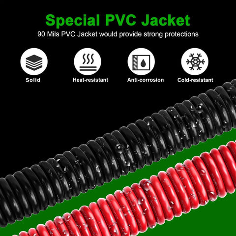 Beefy 1/0 AWG Battery Cable 5ft Red And 5ft Black Heavy Duty Welding Cable, Flexible Stranded Oxygen-Free Copper Wire For Automotive, Inverter, Solar, Marine, Generator, 600V, High Conductivity. Black and red PVC-jacketed cable coils, 5ft each