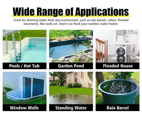 Image showing applications of Powerful Submersible Sump Pump 5000 GPH High Flow including pool, pond, flooded house, window well, standing water, rain barrel.