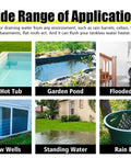 Image showing various applications of Submersible Sump Pump 1/2HP Portable Water Pump 2500GPH Workhorse High-Flow Drain For Pool Pond Hot Tub Flooded Home Adjustable Low-Water Level Mode Rugged Corrosion-Resistant Plastic.