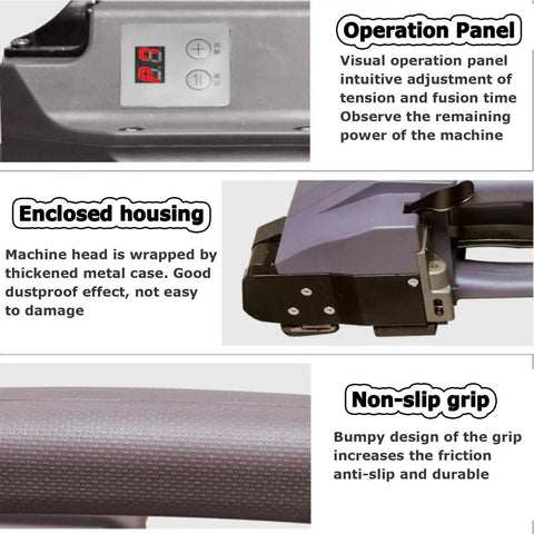 Operation panel and non-slip grip of Badass Rechargeable Electric Strapping Machine With Automatic Hot Melt Welder For PP PET Bands Up To Ten Inches.