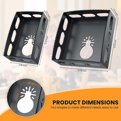 Front view of two black stainless steel drywall outlet cutters with serrated edges; small and large square sizes for single-gang boxes