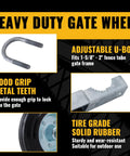 Heavy Duty Gate Support Wheel with adjustable U-bolt, metal teeth, and solid rubber tire for metal tube gates 1-5/8 to 2 inches