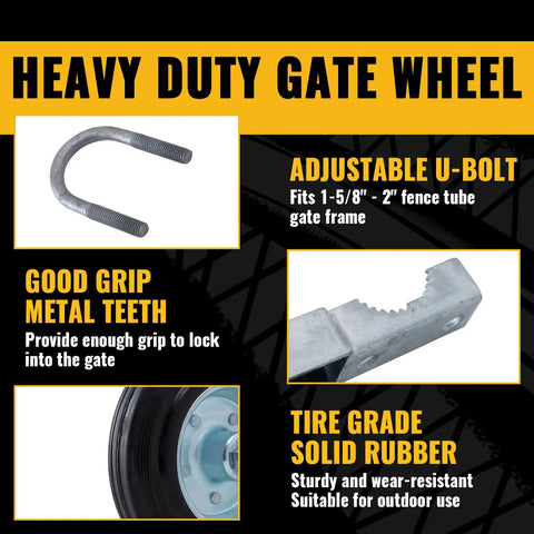 Heavy Duty Gate Support Wheel with adjustable U-bolt, metal teeth, and solid rubber tire for metal tube gates 1-5/8 to 2 inches
