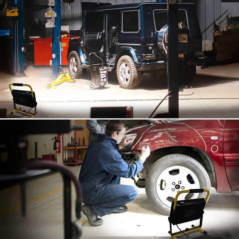 Mechanic using Work Light With Stand 100W 10000LM Portable Construction Flood Light in garage on car
