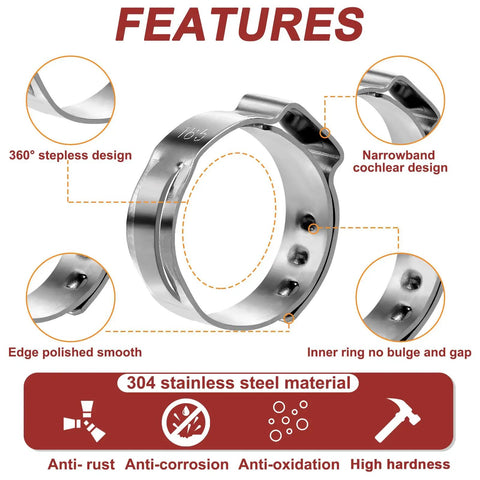 600 Piece 22 Size Single Ear Crimp Hose Clamp Kit 304 stainless steel features 360-degree stepless design and narrowband