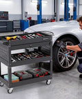 3 Tier Rolling Tool Cart With Lockable Drawer And Pegboard Hooks, Built Tough Heavy Duty Metal Utility Cart On Wheels For Garage, Workshop And Warehouse Organization in auto shop