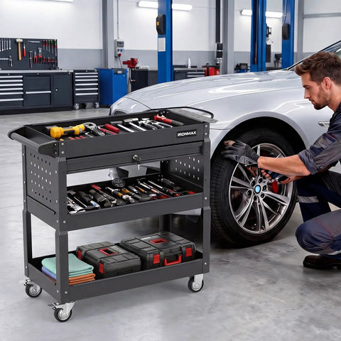 3 Tier Rolling Tool Cart With Lockable Drawer And Pegboard Hooks, Built Tough Heavy Duty Metal Utility Cart On Wheels For Garage, Workshop And Warehouse Organization in auto shop