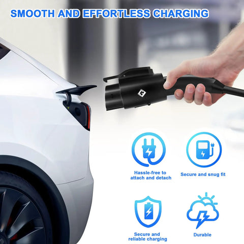 Straight Talk Heavy Duty Tesla To J1772 Charging Adapter 80A Rapid Portable Connector in use with a Tesla vehicle.