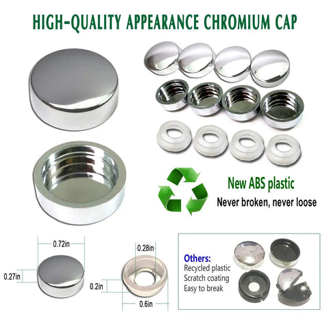Anti Theft License Plate Screws Set In Rust Proof Stainless Steel With Tamper Resistant Locking Heads For Front Or Rear Plates M6 Self Tapping Bolts Chrome Caps And Nuts Included One Quarter Inch Drive shown with chrome cap dimensions and ABS plastic durability highlights.