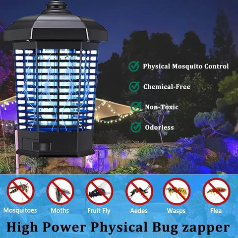 High Power 4200V Mosquito Killer For Indoor And Outdoor Use With 15W UV Lamp Waterproof Insect Trap lit up in a garden