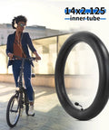 Butyl Inner Tube 14x2.125 With Bent CR202 Valve For 14 Inch Tire, visible beside a cyclist and electric bike