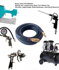 Hybrid Air Hose 1/4 Inch By 25 Feet with tools, lightweight, kink resistant, flexible high flow design, solid brass fittings, black.