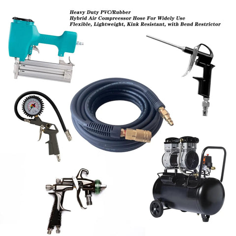 Hybrid Air Hose 1/4 Inch By 25 Feet with tools, lightweight, kink resistant, flexible high flow design, solid brass fittings, black.