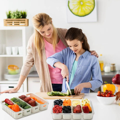 Mother and daughter using Divided Veggie Tray With Lid And Handle Four Compartment Snack Storage For Fridge Or Freezer Portable Fresh Produce Saver