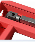 Heavy Duty Manual Hydraulic Pallet Truck With Push Rod Height Control And Adjustable Fork Height And Dual Wheel Linkage For Easy Pallet Lifting And Loading Dock Moves For Heavy Loads On Busy Loading Docks And Warehouses close-up of red steel fork linkage