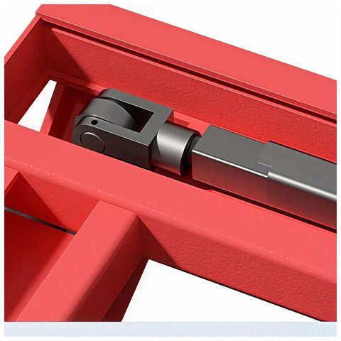 Heavy Duty Manual Hydraulic Pallet Truck With Push Rod Height Control And Adjustable Fork Height And Dual Wheel Linkage For Easy Pallet Lifting And Loading Dock Moves For Heavy Loads On Busy Loading Docks And Warehouses close-up of red steel fork linkage