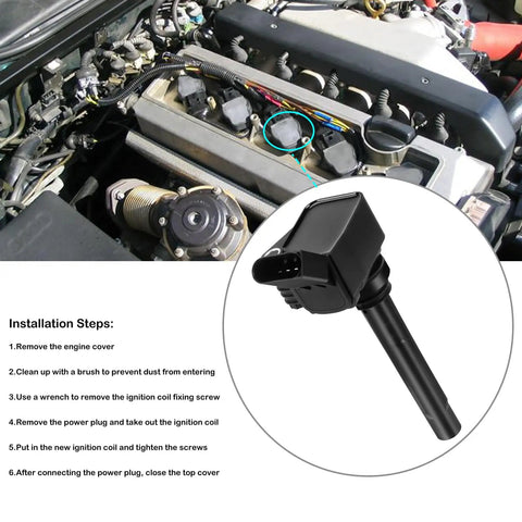 Set Of 4 Ignition Coil Packs Fits VW Passat Beetle Jetta GTI Golf Audi A3 A4 1.8L And 2.0L Engines With Easy Install Direct Fit Replacement UF765 GN10632 shown with installation guide for engine bay