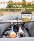 12V 50Ah LiFePO4 Deep Cycle Battery with Built-in 50A BMS on inflatable boat with fishing rods for marine use