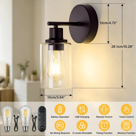 MATAMEYE Battery Operated Wall Sconce Set of 2, Rechargeable Wall Lights, stylish modern design and dimensions visible