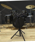 Rock Solid 12 Inch Adjustable Folding Drum Rack With Black Snare Stand and Smooth Height Adjustments For All Percussion Gear in a studio setting.