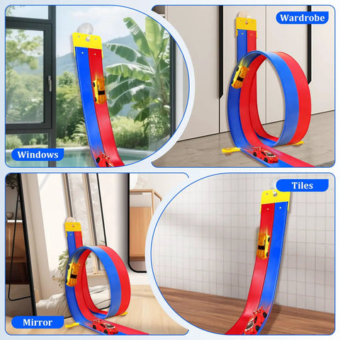 20ft Flex Roll Up Slot Car Race Track For Kids with four alloy cars set up on windows, wardrobe, and mirror surfaces with suction cups.