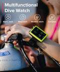 Person adjusting oxygen tank while wearing compact wrist dive computer with USB, bright high contrast screen, customizable display.