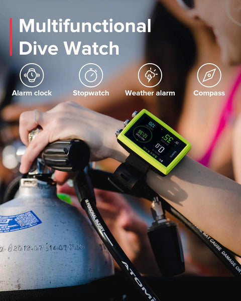 Person adjusting oxygen tank while wearing compact wrist dive computer with USB, bright high contrast screen, customizable display.