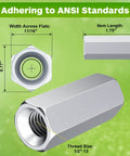 Half Inch Hex Coupling Nut 1/2-13 UNC Threaded Rods Zinc Plated 1.75 In 10 Pack, angled view with thread size and dimensions