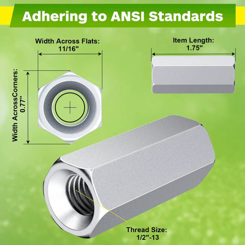 Half Inch Hex Coupling Nut 1/2-13 UNC Threaded Rods Zinc Plated 1.75 In 10 Pack, angled view with thread size and dimensions