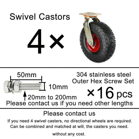 Built Tough 4 Pack Pneumatic Swivel Casters 8 Or 10 Inch Flat Free Rubber Wheels with solid steel brackets and screw set.