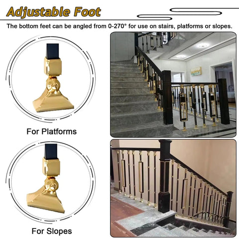 Hella Sturdy Square Deck Balusters And Stair Spindles Kit Featuring 37 Inch Adjustable Swivel Base shown with adjustable foot for stairs.