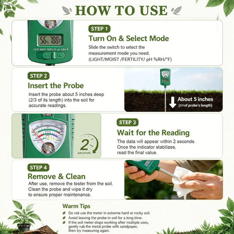All In One 7 In 1 Soil Test Kit With Rotatable Head For Moisture Ph Fertility Light Intensity Soil Temperature And Air Humidity Digital Display Ideal For Garden Lawn Farm And Indoor Outdoor Plants, how-to-use guide